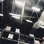 High-bay lighting installed in a large warehouse