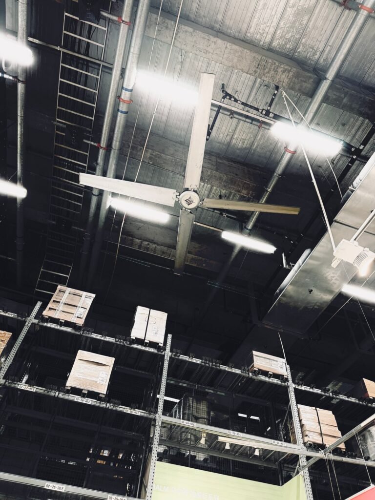 High-bay lighting installed in a large warehouse
