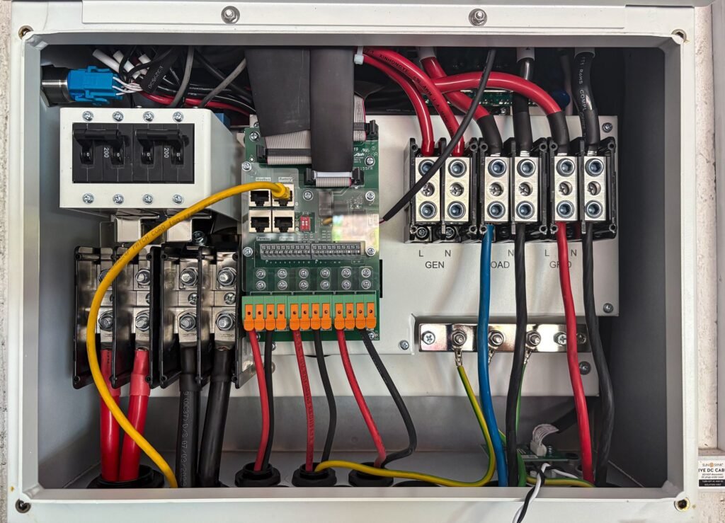 Inside view of an electrical control panel with wiring and components