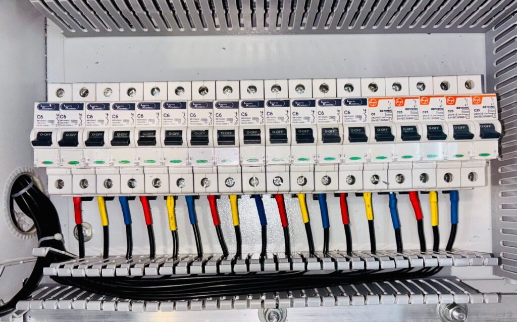 Distribution board with circuit breakers and colour-coded wiring