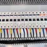 Distribution board with circuit breakers and colour-coded wiring